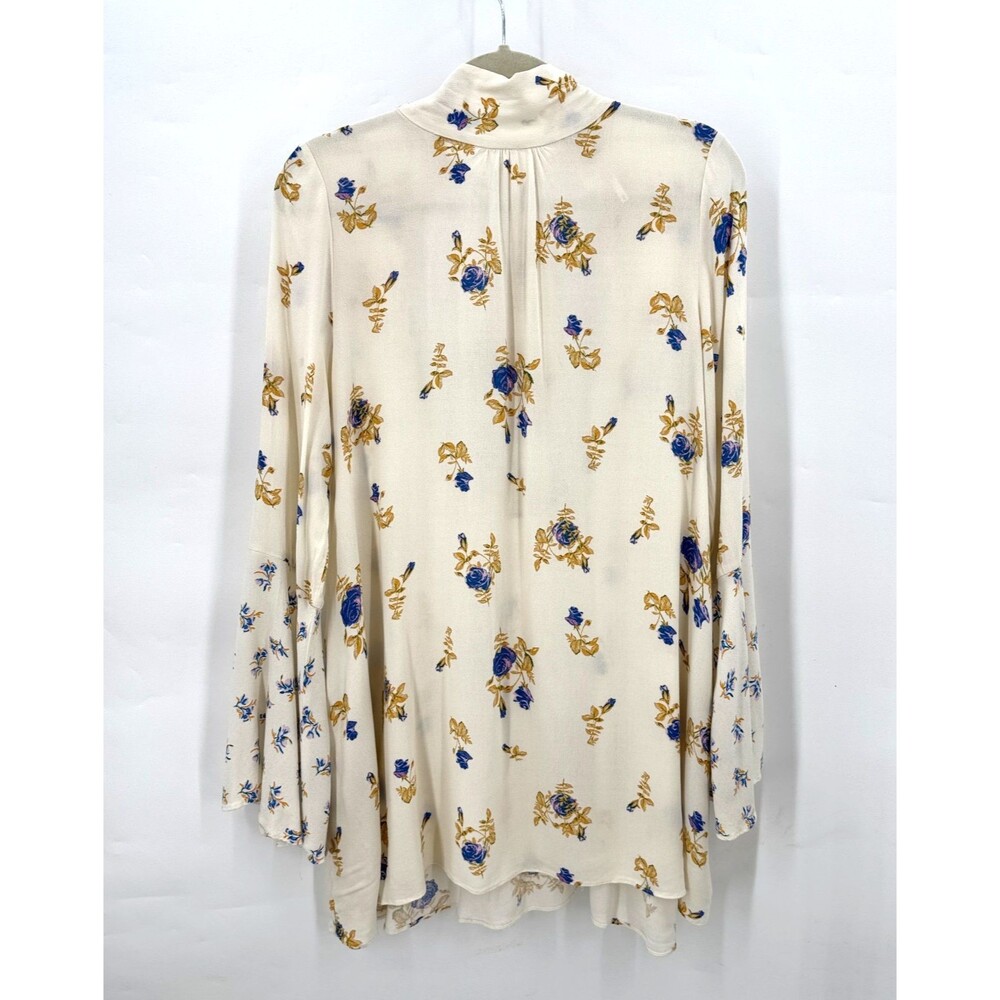 Free People Tate Tunic Women M Ivory Floral Tie Neck Bell Sleeve Boho Blouse
